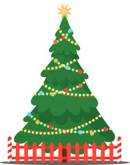 Christmas New Year tree red fence vector illustration isolated on white, xmas icons with ornament outdoor tree design holiday celebration winter season party plant