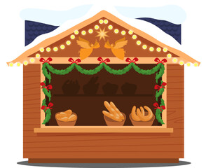Christmas market bread bakery kiosk, holiday fair street outdoor sale, merchandise houses vector illustration. New Year kiosk