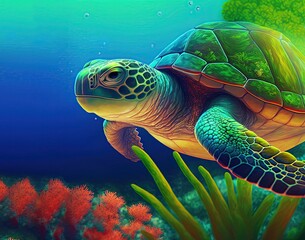 Fototapeta premium Green sea turtle swimming in blue water of a Maldivian tropical sea with aquatic plants and corals. Marine turtle of the family Cheloniidae. Living in all the oceans worldwide. background copy space
