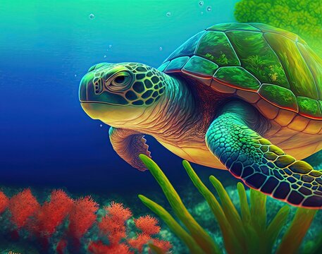 Green sea turtle swimming in blue water of a Maldivian tropical sea with aquatic plants and corals. Marine turtle of the family Cheloniidae. Living in all the oceans worldwide. background copy space