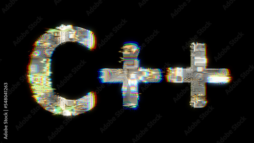 Poster glitch and chromatic aberrations cybernetic text c++ on black, isolated - object 3d rendering