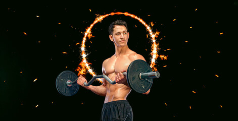Obraz na płótnie Canvas Athlete bodybuilder. Muscular athletic man with barbell on black background. Workout bodybuilding concept. Sports website header template.