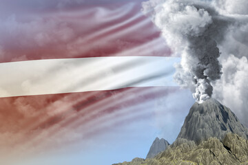 big volcano blast eruption at day time with white smoke on Latvia flag background, suffer from disaster and volcanic ash concept - 3D illustration of nature