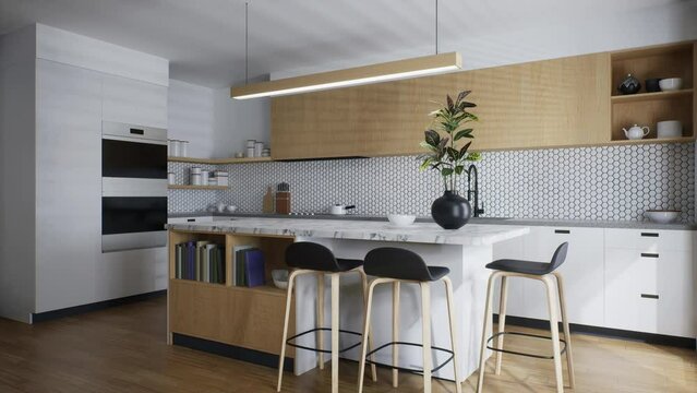 3D animation of a kitchen with white fronts and wooden drawers.