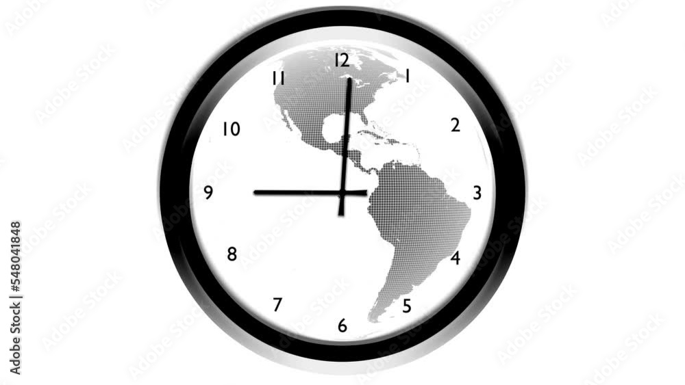 Poster analog wall clock and earth globe moving on white isolated background. seamless looping animation. c