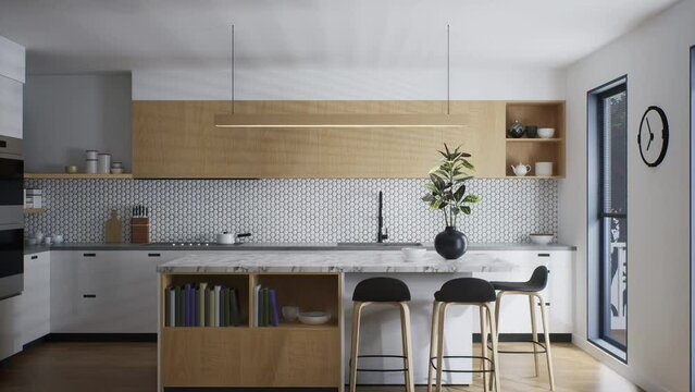 3D animation of a kitchen with white fronts and wooden drawers.