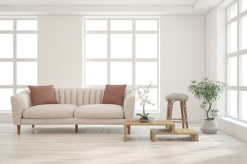 White living room with sofa. Scandinavian interior design. 3D illustration