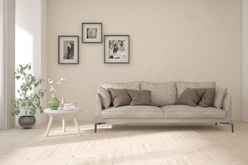 White living room with sofa. Scandinavian interior design. 3D illustration