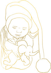 Christmas Newborn - Gold PNG baby, my first Christmas postcard, baby in Santa Claus hat. Baby shower, invitation, transparent, isolated