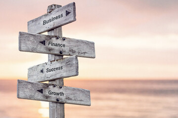 business finance success growth text written on wooden signpost outdoors at the beach during sunset