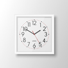Vector 3d Realistic White Square Wall Office Clock, Design Template Isolated. White Frame, White Dial, Mock-up of Wall Clock for Branding and Advertise Isolated. Clock Face Design