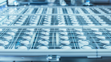 Macro Shot of White Pills During Production and Packing Process on Modern Pharmaceutical Factory....