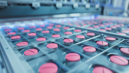 Macro Shot of Pink Pills During Production and Packing Process on Modern Pharmaceutical Factory....