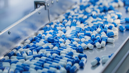 Blue Capsules are Moving on Conveyor at Modern Pharmaceutical Factory. Tablet and Capsule Manufacturing Process. Close-up Shot of Medical Drug Production Line. - obrazy, fototapety, plakaty