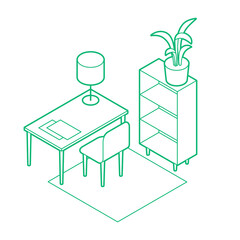 Isometric Home Office Outline Illustration