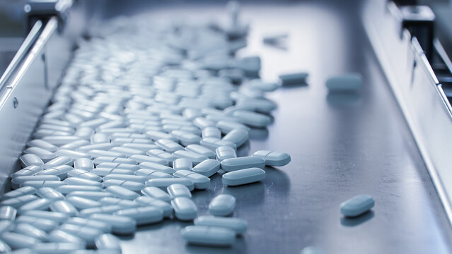 Closse-up Shot Of White Pills On Conveyor At Modern Pharmaceutical Factory. Tablet And Capsule Manufacturing Process. Close-up Shot Of Medical Drug Production Line.