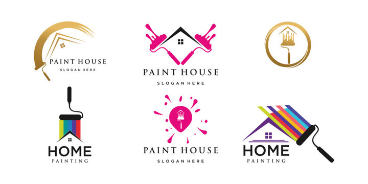  Set Painting logo design renovation icon, painting home services icon,full color and unique Premium Vector