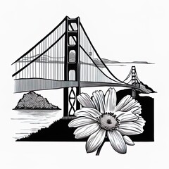 Golden gate bridge in san francisco with flower in black and white.