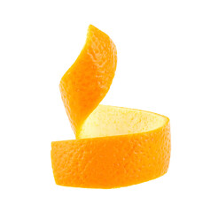 Fresh peel of orange fruit isolated on a white background. Orange spiral zest. Citrus fruit.