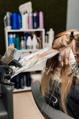 A professional hairdresser applies dye to a client's hair. Hair coloring