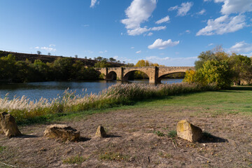 River Ebro San Vicente de la Sonsierra village La Rioja Province, Spain medieval bridge 