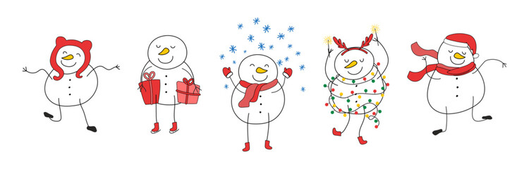 Christmas Snowmen set vector illustration isolated on white background. Five snowman characters in different poses. Doodle style clip art elements