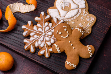 Beautiful Christmas decorations with holiday toys, clementines and gingerbread