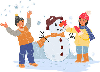 Children making a snowman. Christmas and New Year winter vacation and holidays banner or poster background design.