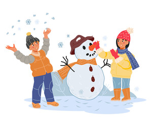 Children making a snowman, flat vector illustration on white background. Christmas and New Year winter vacation and holidays banner or poster background design.