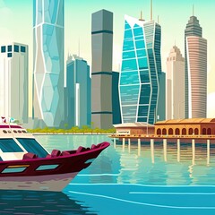 Skyscrapers in the city center with water and boat foreground of doha, qatar.