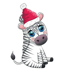 Cute zebra in santa hat with christmas ball, candy kane, gift. Wildlife holidays cartoon character.