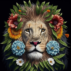 Lion made of flowers and leaves, Realistic Boho Wild Animal, Beautiful Animal Illustration, Bohemian Wild Animal Portrait, Flora and Fauna