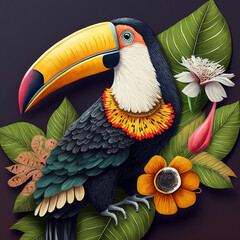 Fototapeta premium Tucan made of flowers and leaves, Realistic Boho Wild Animal, Beautiful Animal Illustration, Bohemian Wild Animal Portrait, Flora and Fauna