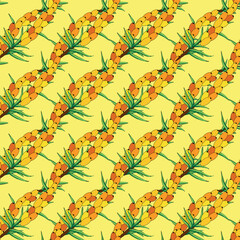 Naklejka na ściany i meble Sea buckthorn seamless pattern. Twigs with berries and leaves. Template with orange fresh berries for wallpaper