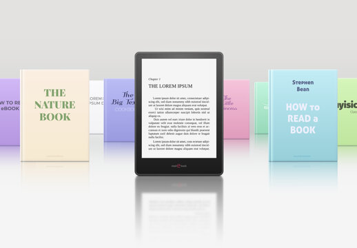 Books stand on a light background, e-book is closest.