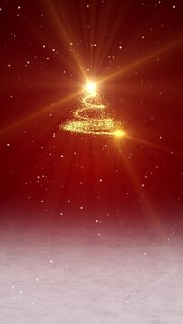 vertical video - animated shiny Christmas tree with glitter effect on red background - vacation concept - abstract background