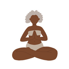 Vector illustration of an elderly black woman doing yoga. The concept of a healthy lifestyle, sports and meditation in old age. AdventureIsAgeless in lotus pose.