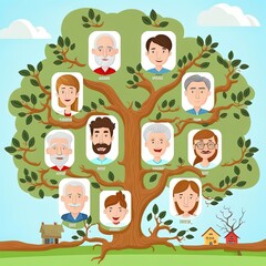 Genealogical tree illustration of family members from elderly persons to young generation template illustration