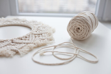 Natural cotton thread and rope. Female hobby.  Eco decor for home. Time for you