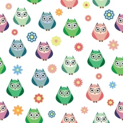 Fotobehang Cute multicolored owls and flowers in cartoon style, childish seamless pattern, newborn. Creative childish background for fabric, textile © MichiruKayo