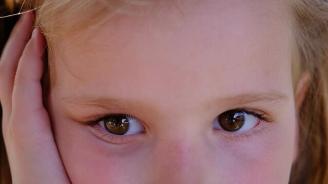 Close up child eyes looking side by side. Observe, see and mindfulness