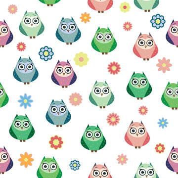 Cute multicolored owls and flowers in cartoon style, childish seamless pattern, newborn. Creative childish background for fabric, textile