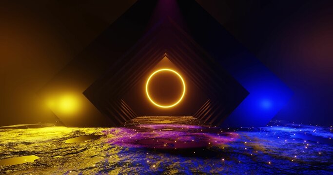 3d rendering of a solar eclipse seen through large rhombic shapes in the space