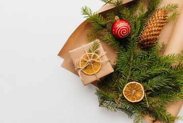Christmas background. citrus and spice on wooden table. Top view, copyspace.
