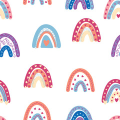 Rainbow seamless pattern in pastel colors. Scandinavian baby hand drawn illustration for textiles and newborn clothes.