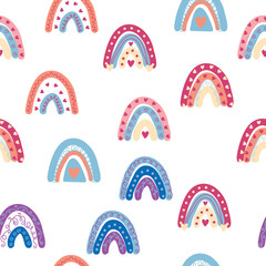Rainbow seamless pattern in pastel colors. Scandinavian baby hand drawn illustration for textiles and newborn clothes.