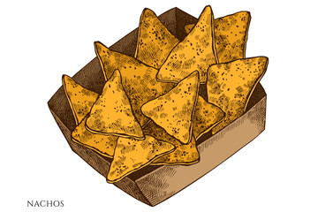 Street food hand drawn vector illustrations collection. Colored nachos.