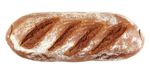 Integral rye bread loaf with isolated on white, top view  