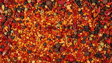 Spicy mixture of spices with chopped lemon peel, chili, peppercorns (black, green and red), mustard seeds, allspice, chopped ginger, isolated on white, top view