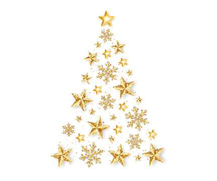 Christmas tree shape made of golden glitter stars and snowflakes. Holiday decoration isolated on white. Christmas tree composition for sale banners, gift tags, party posters.
